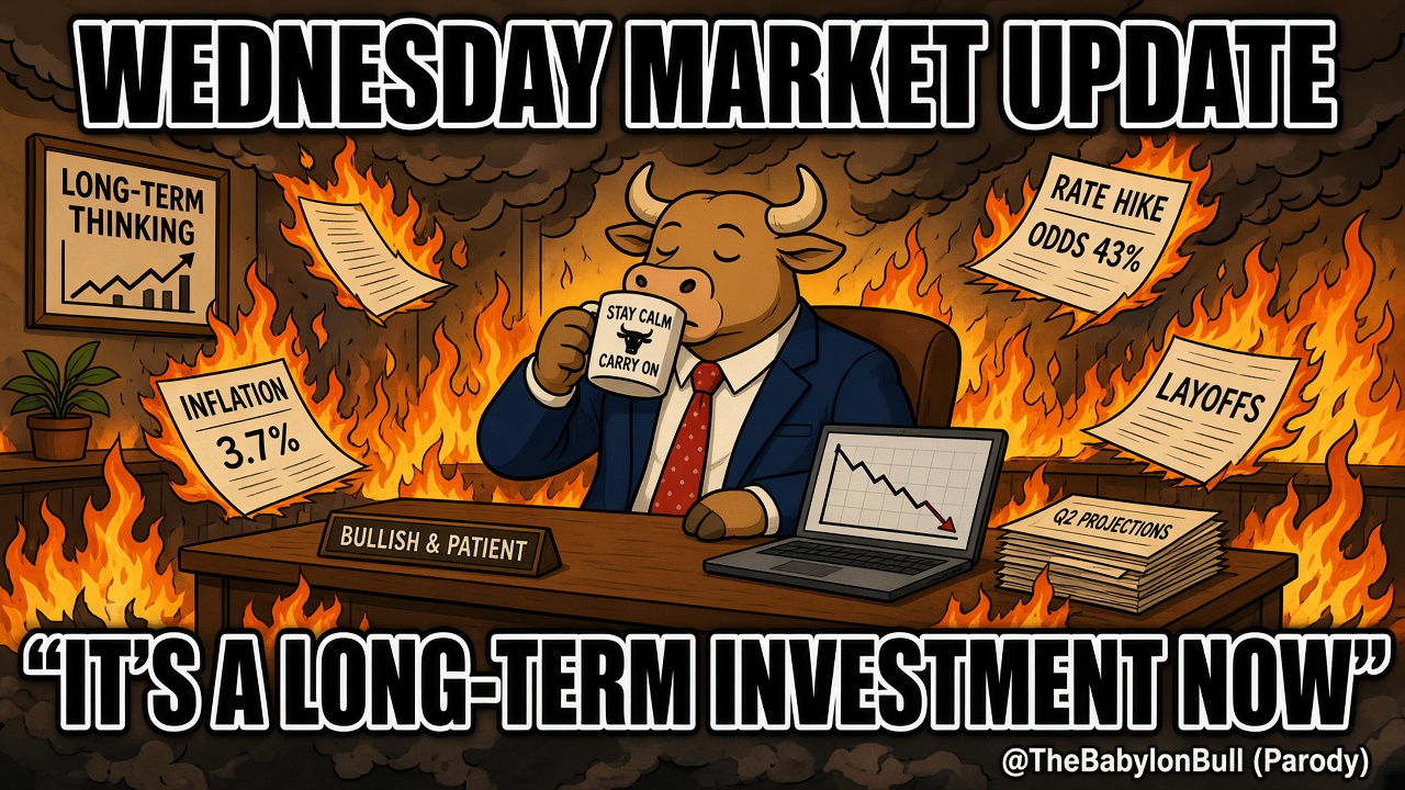 Parody meme: Wednesday market update, bull at burning desk